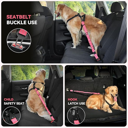 Pawaboo 2Pack Dog Seatbelt for Car, 3-in-1 Dog Car Seat Belt Bungee, Shockproof Dog Tether for Car with Buckle & Hook Latch, Adjustable Reflective Dog Harness Leash with 360° Lockable Buckle, Pink