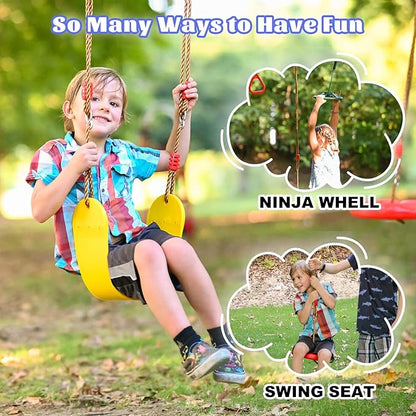 2x65 FT Ninja Warrior Obstacle Course for Kids with 13 Ninja Accessories - 600lbs Weight Capacity, Slackline with Swing Seat, Disc Swing, Ninja Wheel, Rope Ladder, Monkey Bar, Ninja Ring, Arm Trainer
