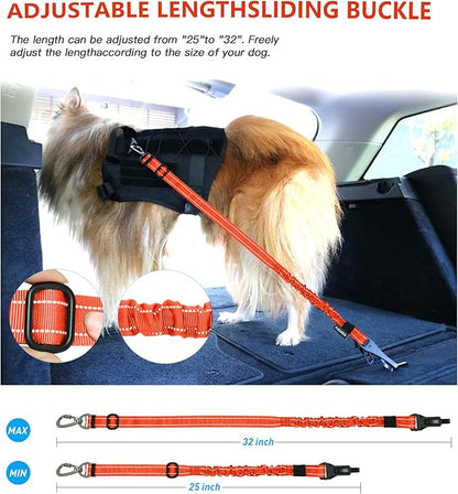 AUBELL Dog Seat Belt for Car,2 Pack Set 3-in-1 Adjustable Reflective Bungee Heavy Duty Dog Car Harness Tether with Clip Hook Latch & Buckle,Swivel Zinc Alloy Carabiner,Black+Orange