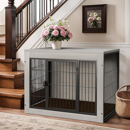Bigrab Dog Crate Furinture with Thick Cushion, Side End Table Wooden Dog Cage with Double Doors, Chew-Resistant Dog Kennel Dog House Indoor for Small to Large Dog, M (Grey)