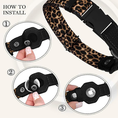 AirTag Dog Collar for Small Medium Large Breed - Adjustable Cute Pattern Dog Collar with Airtag Holder - Soft Leather Tracker GPS Apple Air Tag Pet Collars (Small, 12"-15" Neck Fit, Leopard)