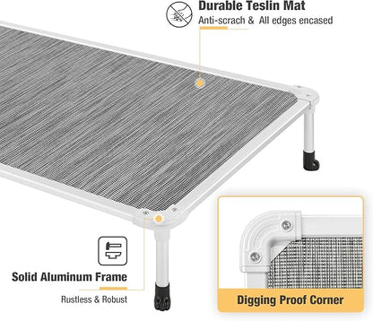 Veehoo Chew Proof Elevated Dog Bed - Cooling Raised Pet Cot - Silver Aluminum Frame and Durable Textilene Mesh Fabric, Unique Designed No-Slip Feet for Indoor or Outdoor Use, Black Silver, Medium