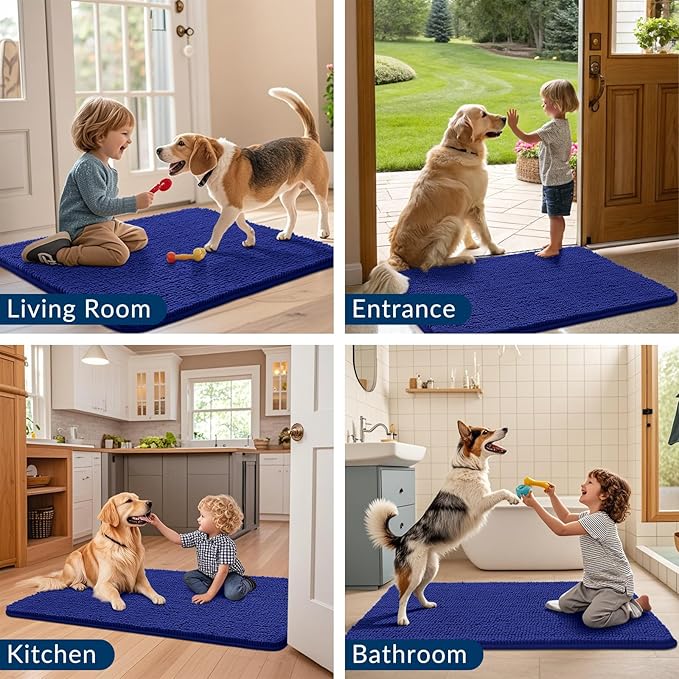 Smiry Dog Door Mat for Muddy Paws 47x32, Absorbs Moisture and Dirt Doormat, Non-Slip Washable Quick Dry Chenille Front Door Mat Indoor Entrance, Entryway Carpet for Inside Floor, Navy Blue