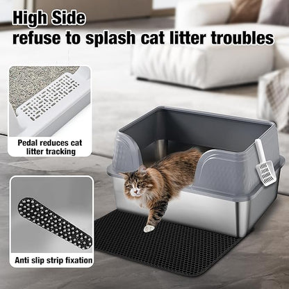 Suhaco Extra Large Stainless Steel Litter Box with Lid XXL High Sided Cat Litter Boxes Included Litter Mat & Litter Scoop Anti-Urine Leakage Metal Pet Toilet for Big Cats (Grey XXL)