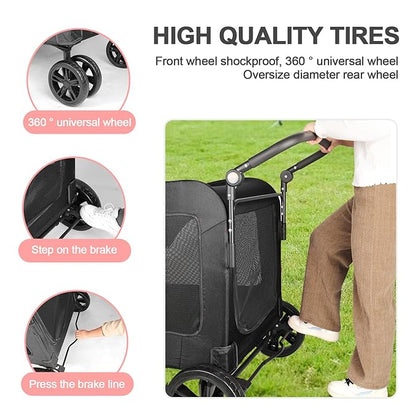 Large Dog Travel Stroller with 4 Heavy Duty Wheels Pet Stroller with Adjustable Handle - Double Doggie Capacity Jogger Wagon with Back Front Door for Small Medium Large Dogs (Black 1)