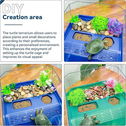 Aquatic Turtle Tank Habitat Kit Stone+Filter+Heat Lamp Enhancing Interaction with 360° Viewing, Standalone Filtration, DIY Creative Zone, Enriched Living (Blue, Large[with Light])