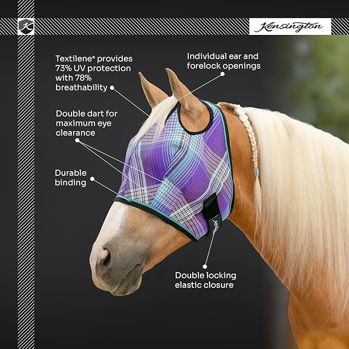 Kensington UV Horse Fly Mask with Web Trim - Protective Mask with Dual Ear Opening & Forelock Freedom - Small, Deluxe Black