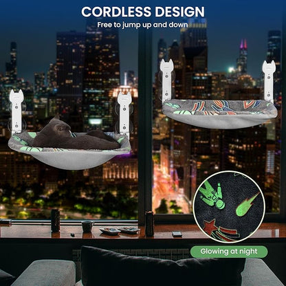Cat Window Perch, Glow in The Dark Foldable Cat Hammock with Sunken Design & Removable Soft Cover, Breathable Cordless Window Bed for Resting Indoor Kitten (Shallow Perch, 1 Pack - M)