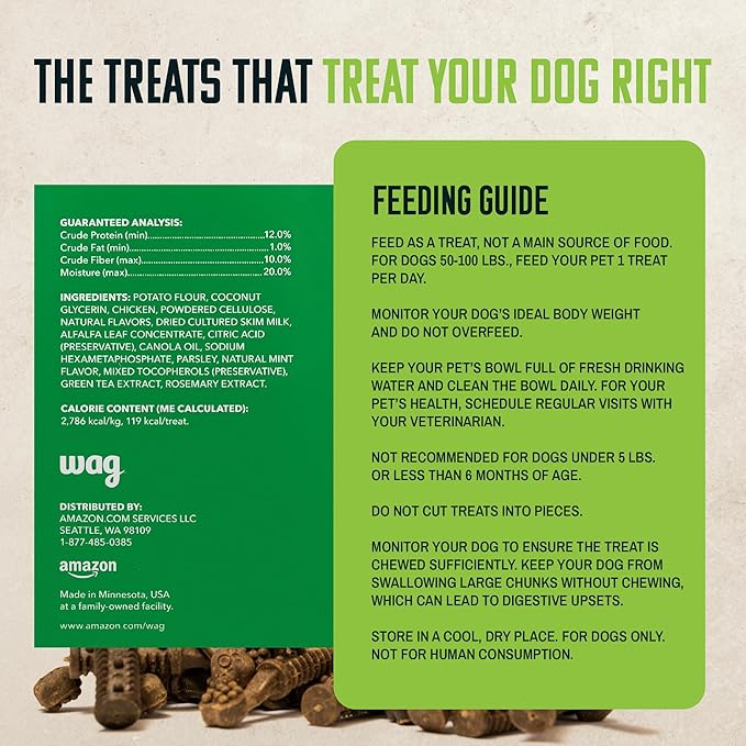 Amazon Brand - Wag Dental Chews - Green Dental Brush for Dogs, Large, Unflavored, 24 Count (Pack of 1)