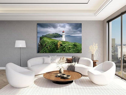 Nature Wall Art Prints - Ocean Forest Mountain Lake Canvas Landscapes - Small to Extra Large Living Room Bedroom Kitchen Bathroom Décor (Stormy Sky Lighthouse, 28L" x 41W")