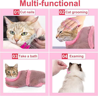Patelai 5 Pcs Cat Bathing Bag Set Cat Grooming Bag Adjustable Pet Shower Net Muzzles Nail Clipper Tick Remover Tool Massage Brush(Pink)