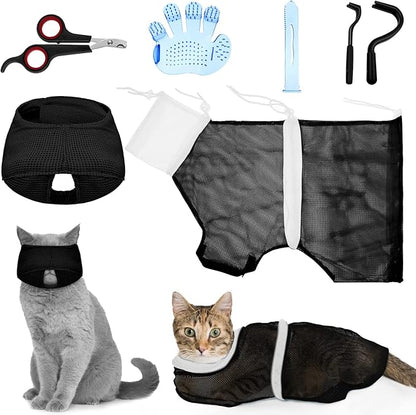 Patelai 5 Pcs Cat Bathing Bag Set Cat Grooming Bag Adjustable Pet Shower Net Muzzles Nail Clipper Tick Remover Tool Massage Brush(Black White)