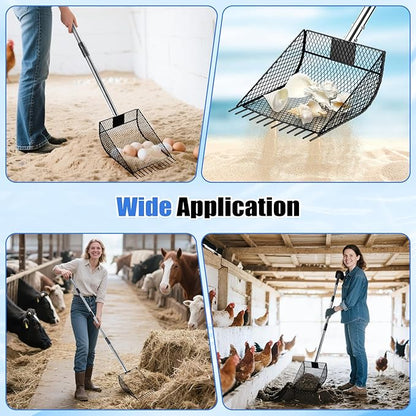 CAROD Chicken Poop Scooper & Rake 2-in-1, Metal Chicken Coop Scoop for Poop with 24 to 68" Adjustable Stainless Steel Handle, Litter Scooper Sand Sifting Shovel Chicken Coops/Animals House