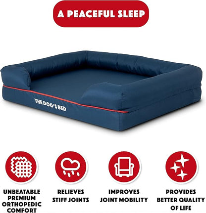The Dog’s Bed, Medium Blue/Red 30x23.5, Memory Foam, Pain Relief: Arthritis, Hip & Elbow Dysplasia, Post Surgery, Lameness, Supportive, Calming, Waterproof Washable Cover, Veterinary Approved