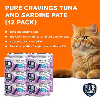 Tuna and Sardine Pate, Canned Wet Cat Food, 100% Mercury-Tested, Moist Can Fish, Grain-Free Protein, Non-GMO, 12 Pack