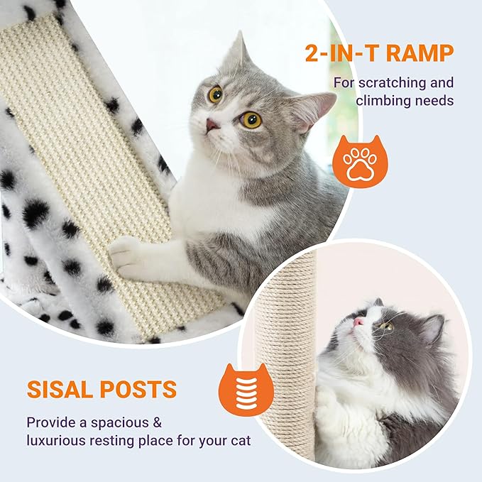 Allewie 81 Inches Tall Cat Tree/Multi-Level Large Climbing Tree House and Towers for Big Feline/Condo and Hammock/Scratching Post/Wide Base/White & Black Spot