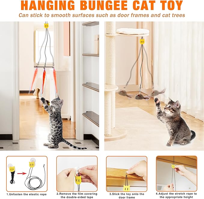 JXFUKAL Automatic Cat Wand Toy – Wooden Base, 2 Teasers & 5 Feather Spring Refills