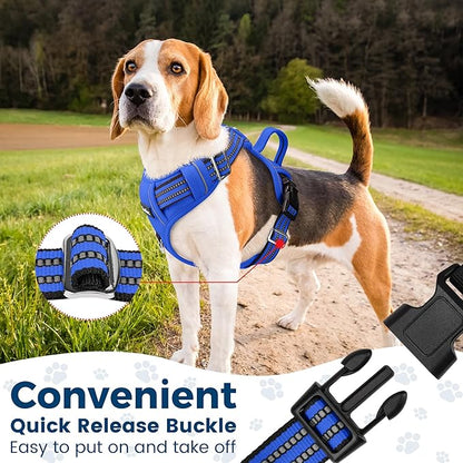 Funfox Dog Harness No Pull, Adjustable Pet Vest Harness, Super Soft Material with Vertical Handle Easy Control, Reflective Night Walking, 2 Leash Clips for Medium Sized Dogs, Blue, M