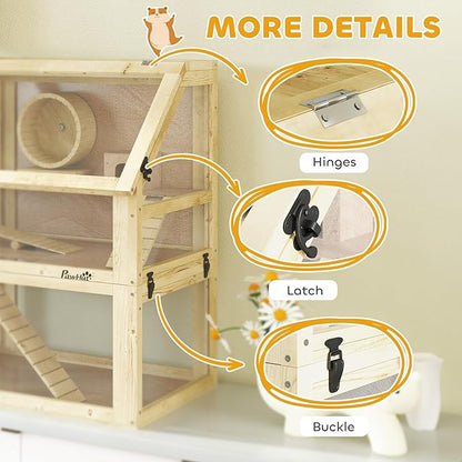 PawHut Wooden Hamster Cage, 3 Tier Small Animal Cage with Detachable 12.6" Deep Bottom, Hut, Seesaw, Exercise Wheel, Ramps, Hamster Habitat for Dwarf, Gerbil, 24" x 16" x 29.5"