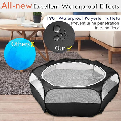 Pawaboo Small Animals Playpen, Waterproof Small Pet Cage Tent with Zippered Cover, Portable Outdoor Yard Fence with 3 Metal Rod for Kitten/Puppy/Guinea Pig/Rabbits/Hamster/Chinchillas, Black