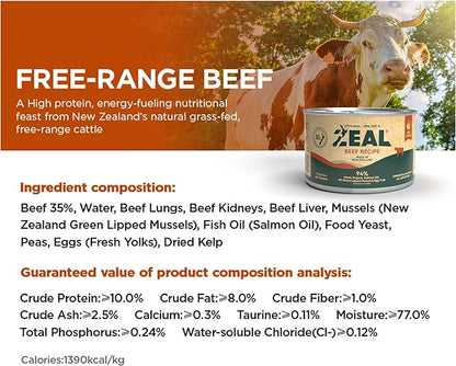 ZEAL New Zealand Wet Cat Food – High Protein, Grain-Free with Superfoods (Beef, 6oz Can, 12-Pack)