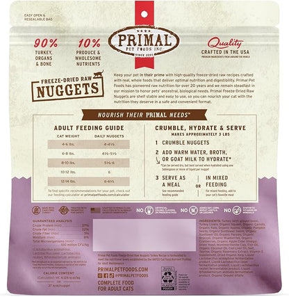 Primal Freeze Dried Raw Cat Food Nuggets Turkey, Complete & Balanced Meal or Topper, Premium, Healthy, Grain Free, High Protein Raw Cat Food with Probiotics (14 oz)