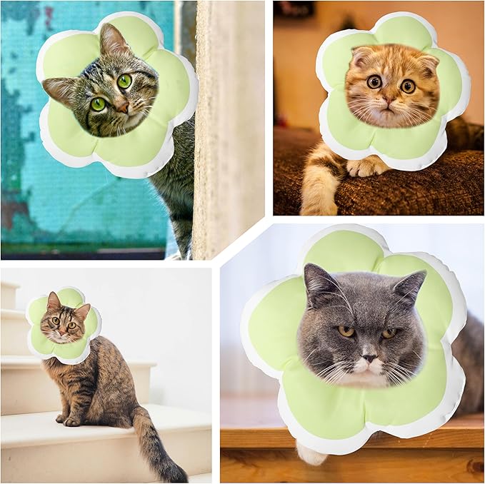 Cat Cone Collar Soft, Waterproof Cats Cones to Stop Licking After Surgery, Adjustable Soft Elizabeth Cats Collars for Wound Healing, Flower Shape Cat Recovery Collar (Green, Small)