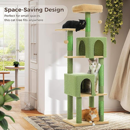 Cactus Cat Tree, 62-Inch Tall Multi-Level Cat Tower with Scratching Posts, Cat Condos for Large Indoor Cats, Plush Cat Bed w/Padded Perches, Scratching Pad & 2 Green Pompoms, Green
