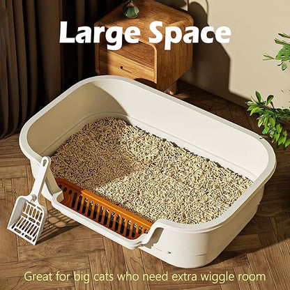 Extea Large Cat Litter Box with High Sides,Cat Boxes for Indoor Cats,Cat Litter Pan for Kitty,Litter Box with Low Entry,Easy to Clean,Anti-Splashing,23.6" x15.7" x6.2" (White)