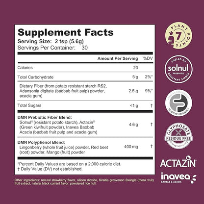 DMN (Daily Microbiome Nutrition), 6 Oz, Plant-Based Fiber Powder with 3 Different Prebiotics, Helps Digestive & Gut Health, Low FODMAP Supplement, Vegan, Wild Berry Flavor, 30 Servings