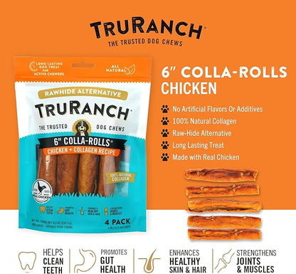 Collagen Rolls - 6" Collagen Rolls for Dogs - Long Lasting Healthy Joint Support - Rawhide Alternative - Skin & Coat Health - Made with Real Chicken, Value Pack, 15 Bags, 60 Count