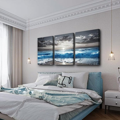 TTHYUEWS Beach Wall Art For Living Room Canvas Wall Decor For Bedroom Office Decorations Blue Sea Wave Paintings Black And White Wall Pictures Artworks Bathroom Canvas Art Modern Home Decor 3 Piece
