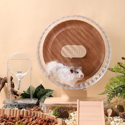 Silent Hamster Wheel 10.5 Inch Dual-Bearings Quiet Running Exercise Wheels with Wood Grain Backboard, Height Adjustable for Syrian Hamsters, Gerbils, Mice, Hedgehog, Lemmings, Warm Brown