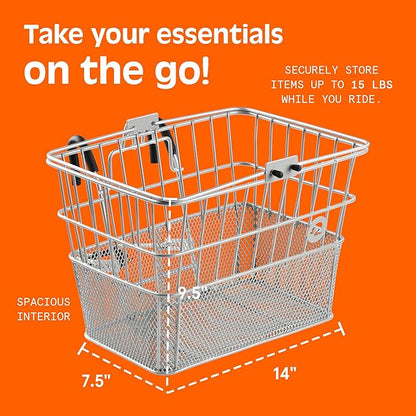 Retrospec Apollo Detachable Front Bike Basket Steel Half-Mesh with Integrated Detachable Hooks and Built-In Handle, Easy Assembly and Portability for Bicycles