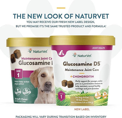 NaturVet Glucosamine DS Level 1 Maintenance, Joint Care Support Supplement for Dogs and Cats, Soft Chews, Made in The USA