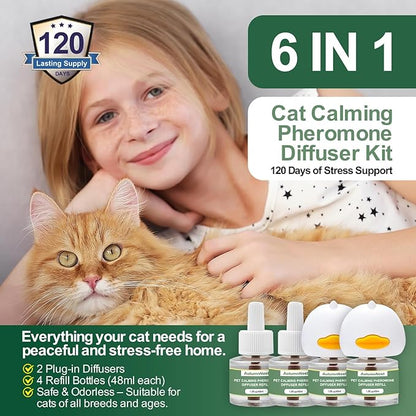 Cat Calming Pheromone Diffuser Set, Pet Calming Plug-in Kit (2 Diffusers + 4 Refills), Reduces Cat Stress, Aggression, Fighting, Marking, Meowing, Travel, Vet Visit Anxiety, 120 Days, Non-Toxic, Safe