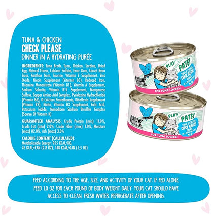 Weruva B.F.F. Play - Best Feline Friend Paté Lovers, Aw Yeah!, Tuna & Chicken Check Please! with Tuna & Chicken, 2.8oz Can (Pack of 12)