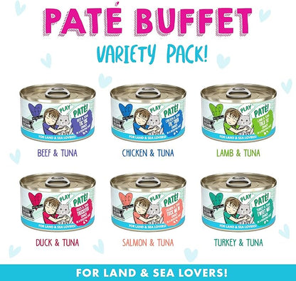 Weruva B.F.F. Play - Best Feline Friend Paté Lovers, Aw Yeah!, Play Paté Buffet Variety Pack, 2.8oz Can (Pack of 18)