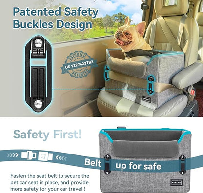 PETSFIT Dog Car Seats for Small Dogs, Patent Safety Buckles Dog Booster Car Seat, Dog Carseat with Safety Belt, Suitable for Small Pets Up to 25lbs (Grey)