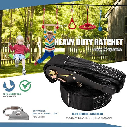 Slsy 60FT Ninja Warrior Obstacle Course (10 Obstacles), Ninja Slackline Kit for Kids, Durable Playset Equipment with 10 Complete Set-Monkey Bar,Swing, Climbing Ladder & Net