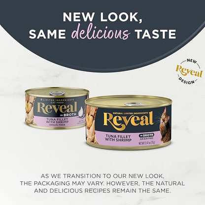Reveal Natural Wet Cat Food, 24 Count, Grain Free, Limited Ingredient Canned Food for Cats, Tuna Fillet with Shrimp in Broth, 2.47 oz Cans