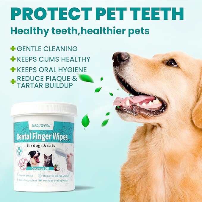 Dental Care Finger Wipes 60 Counts,Teeth Cleaning Finger Wipes for Dogs & Cats,Reduces Plaque & Freshens Breath, Small Animal Stain Removers, Mint Scent