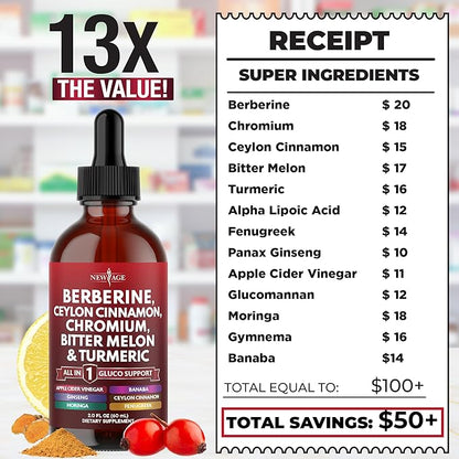 Berberine with Ceylon Cinnamon Supplement Liquid Drops + Bitter Melon Extract, Glucomannan, Gymnema, Chromium, Turmeric, Panax Ginseng, Moringa- 8 OZ