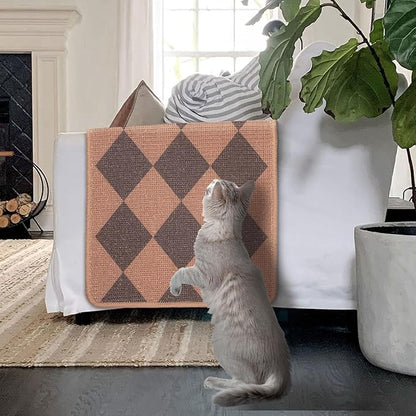 SCRATCHABLE Sisal Cat Scratcher, [+ Catnip Fish Toy], Cat Wall Scratcher, Couch Protector from Cat Scratching, 24 X 15.8 with 12 Adhesive Velcro Stripes. (Brown Diamonds)