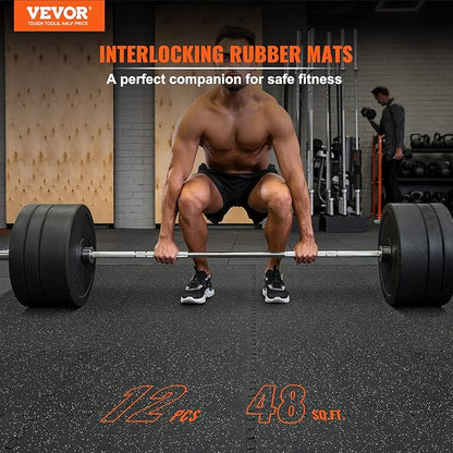 VEVOR 0.56Inch 48sq.ft 12 Tiles Gym Flooring for Home Gym, Rubber Top with High Density EVA Foam,25 x 25In Gym Floor Exercise Equipment Mats, Interlocking Gym Mats, Puzzle Workout Mats, Black & Grey