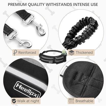 Hands-Free Waist Leash with Pouch for Two Dogs: Reflective Stitching, Dual Handle & Bungee Retractable Design – Ideal for Medium to Large Dogs (Grey) – Dog Walking Accessories