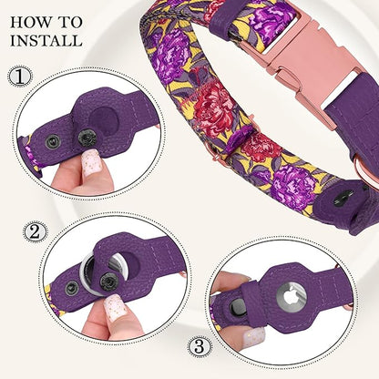 AirTag Dog Collar for Small Medium Large Breed - Adjustable Cute Pattern Dog Collar with Airtag Holder - Soft Leather Tracker GPS Apple Air Tag Pet Collars (X-Large, 20"-25" Neck Fit, Peonies)