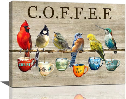 Rustic Bird Coffee Wall Art Kitchen Christ Coffee Pictures Wall Decor Farmhouse Cardinal Hummingbird Canvas Print Painting Artwork for Coffee Bar Living Room Bedroom 12"x16"