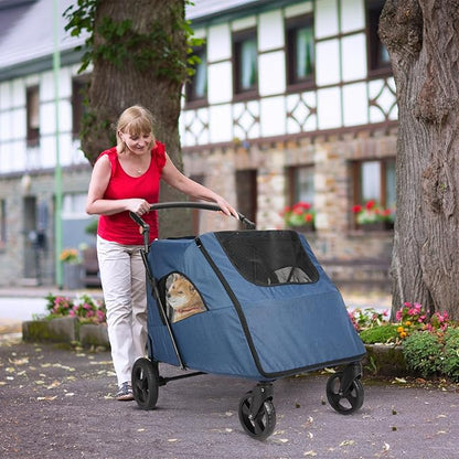 Large Dog Travel Stroller with 4 Heavy Duty Wheels Pet Stroller with Adjustable Handle - Double Doggie Capacity Jogger Wagon with Back Front Door for Small Medium Large Dogs (Navy-C)