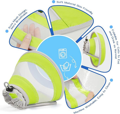 Breathable Air Mesh Cat Cone Collar Soft to Stop Licking, Adjustable, Foldable Lightweight Kitten Cones After Surgery Recovery for Cats & Kittens (Yellow Green,M)